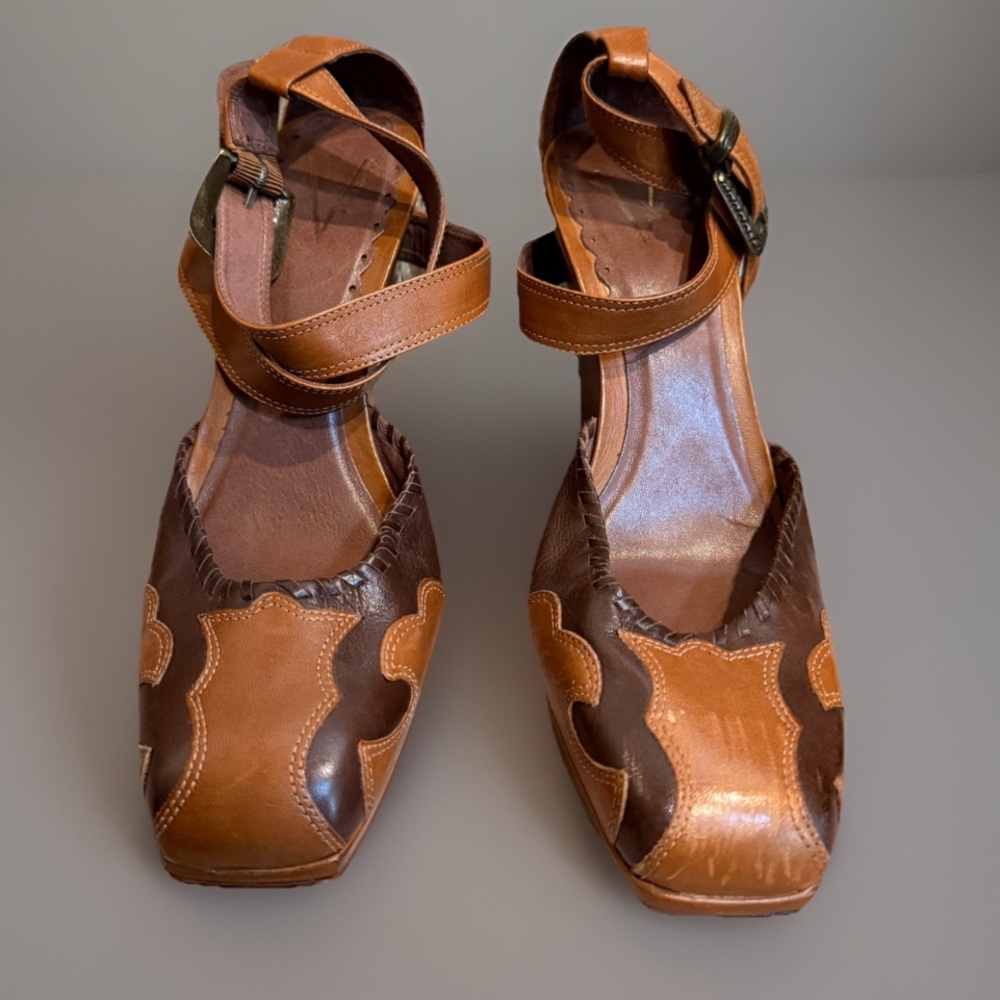 Vince Camuto Brown and Tan Leather Wedge Sandals